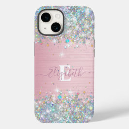 Moderne Blush Holografische Faux Glitter Monogram Case-Mate iPhone 14 Hoesje