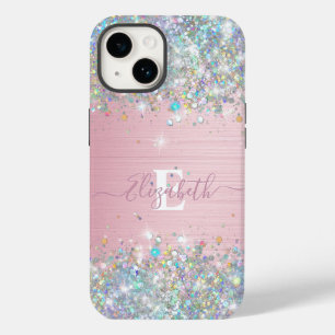 Moderne Blush Holografische Faux Glitter Monogram Case-Mate iPhone 14 Hoesje