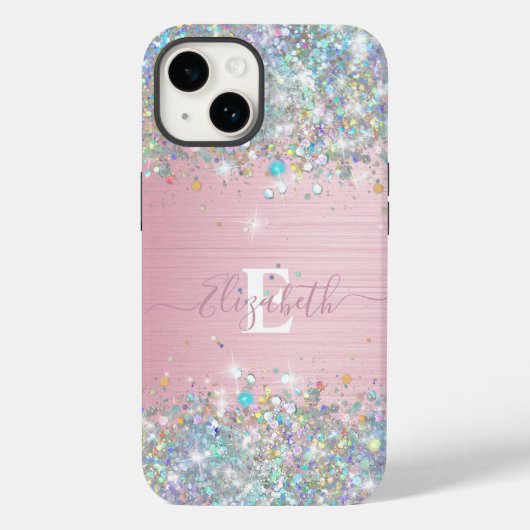 Moderne Blush Holografische Faux Glitter Monogram Case-Mate iPhone Case (Achterkant)