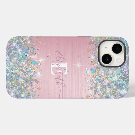 Moderne Blush Holografische Faux Glitter Monogram Case-Mate iPhone Case (Achterkant (horizontaal))