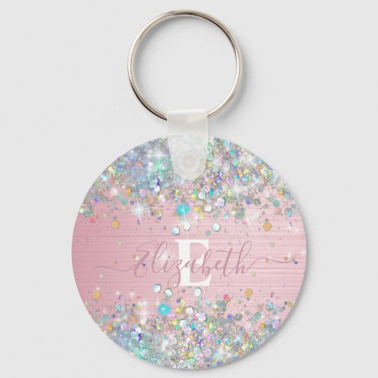 Moderne Blush Holografische Faux Glitter Monogram Sleutelhanger (Voorkant)