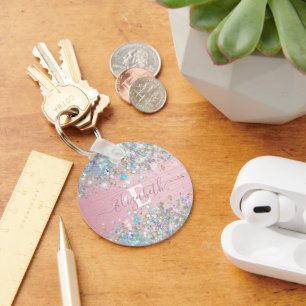 Moderne Blush Holografische Faux Glitter Monogram Sleutelhanger