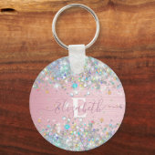 Moderne Blush Holografische Faux Glitter Monogram Sleutelhanger (Voorkant)