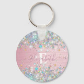 Moderne Blush Holografische Faux Glitter Monogram Sleutelhanger (Achterkant)