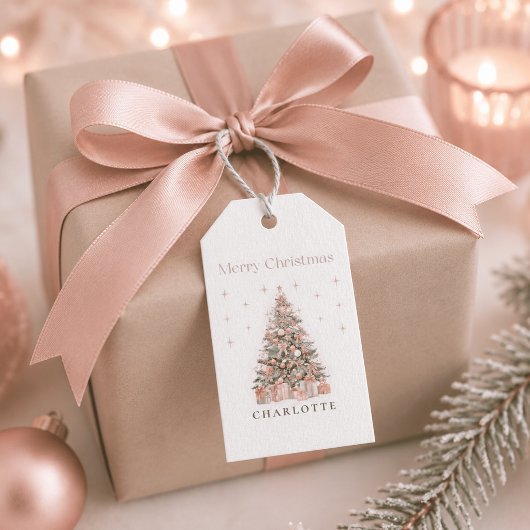 Moderne Blush Kerstboom – Persoonlijke Kerst Cadeaulabel
