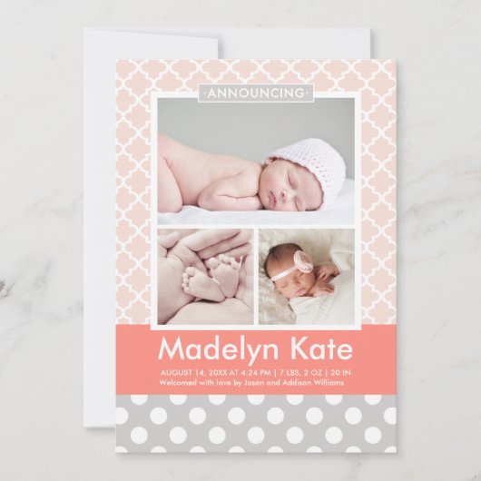 Moderne Blush Koraal Patroon Baby Meisje Foto Gebo Aankondiging (Voorkant)