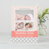 Moderne Blush Koraal Patroon Baby Meisje Foto Gebo Aankondiging (Staand voorkant)