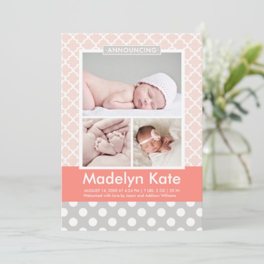 Moderne Blush Koraal Patroon Baby Meisje Foto Gebo Aankondiging (Staand voorkant)