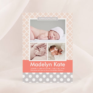 Moderne Blush Koraal Patroon Baby Meisje Foto Gebo Aankondiging