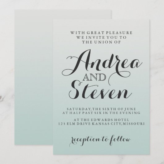 Moderne Blush Light Aqua bruiloft uitnodigingen (Voorkant / Achterkant)