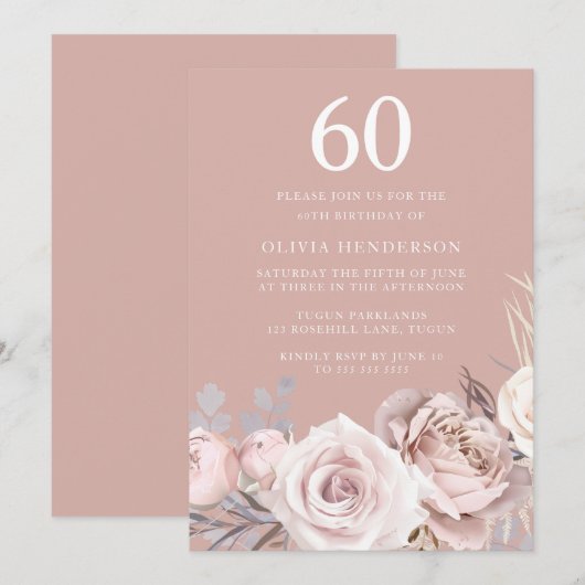 Moderne Blush & Mauve Bloemen 60ste Verjaardagsfee Kaart (Voorkant / Achterkant)