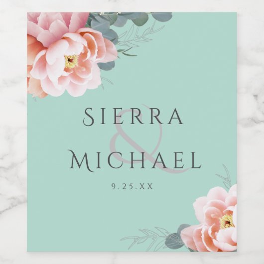 Moderne Blush Mint Groene Bloemen Bruiloft Recepti Wijn Etiket (Enkel label)
