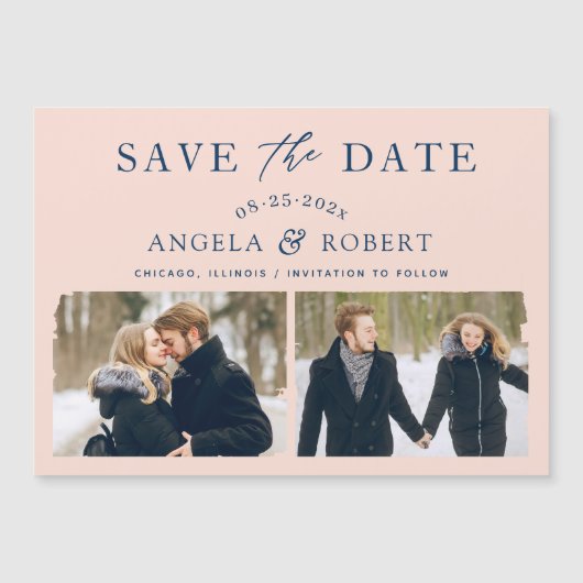 Moderne Blush Navy 2 Foto Save the Date Magnet (Voorkant)