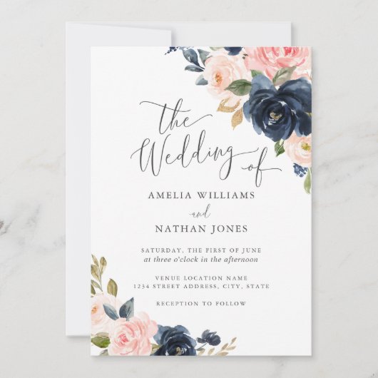 Moderne Blush Navy Bloemen Bruiloft Kaart (Voorkant)
