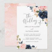 Moderne Blush Navy Bloemen Bruiloft Kaart (Voorkant / Achterkant)