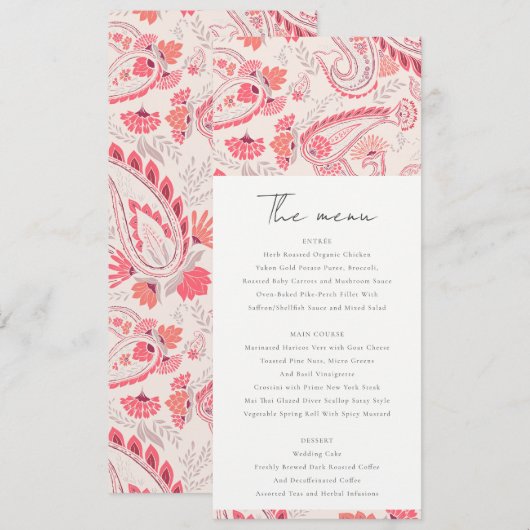 Moderne Blush Paisley Typography Wedding Menu Kaar Kaart (Voorkant / Achterkant)