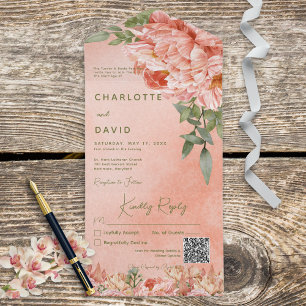 Moderne Blush Peach peonies Floral QR Code All In One Uitnodiging