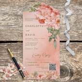 Moderne Blush Peach peonies Floral QR Code All In One Uitnodiging