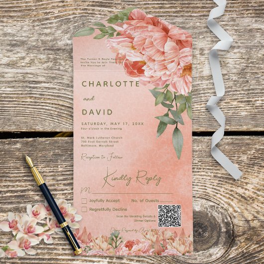 Moderne Blush Peach peonies Floral QR Code All In One Uitnodiging