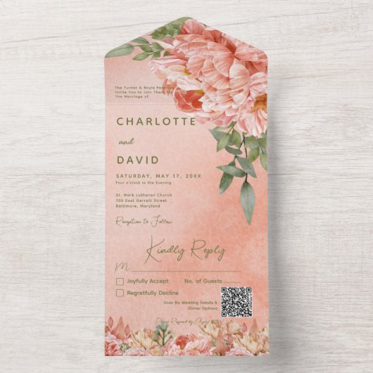 Moderne Blush Peach peonies Floral QR Code All In One Uitnodiging (Binnen)