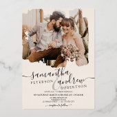 Moderne blush penseelstreek script 2 foto's bruilo folie uitnodiging (Achterkant)