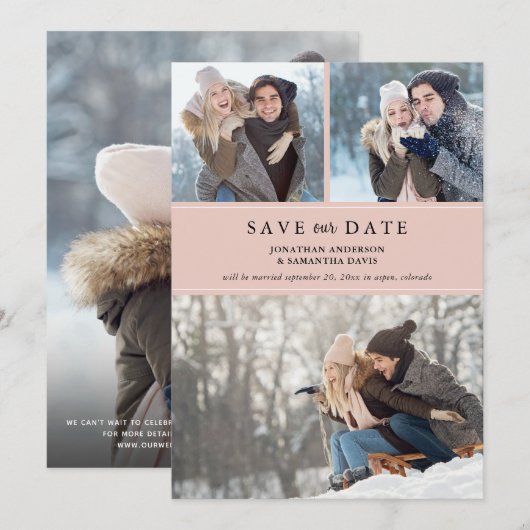 Moderne Blush Photo Collage Sla onze datum op Save The Date (Voorkant / Achterkant)