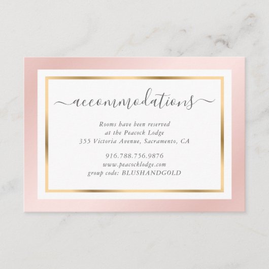 Moderne Blush Pink and Gold Wedding Accommodatie Informatiekaartje (Voorkant)
