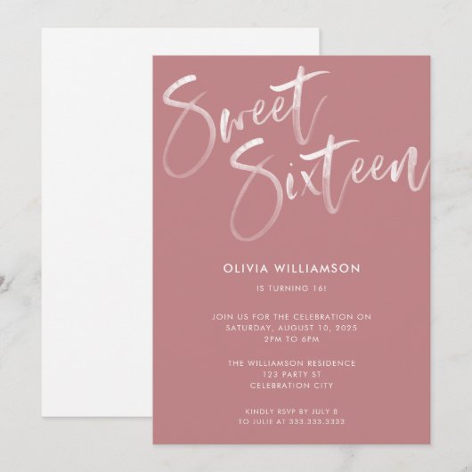 Moderne Blush Pink Brush Script Sweet 16 Birthday Kaart (Voorkant / Achterkant)
