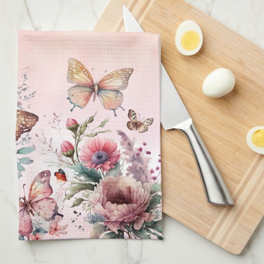 Moderne Blush Pink Butterfly Wilde Bloemfamilie Theedoek (Quarter Fold)