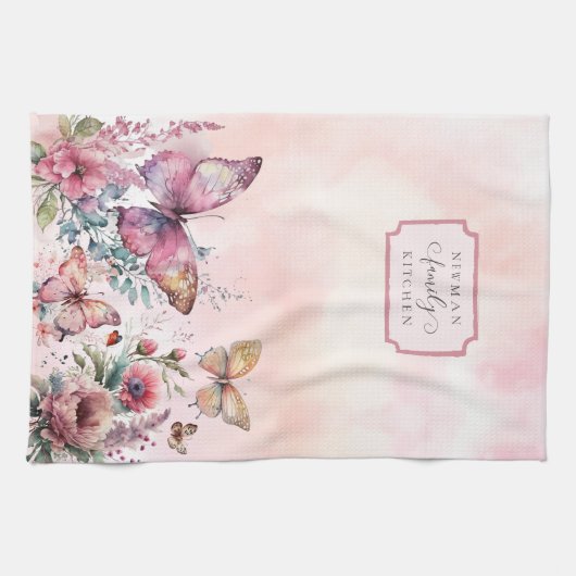 Moderne Blush Pink Butterfly Wilde Bloemfamilie Theedoek (Horizontaal)