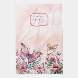 Moderne Blush Pink Butterfly Wilde Bloemfamilie Theedoek