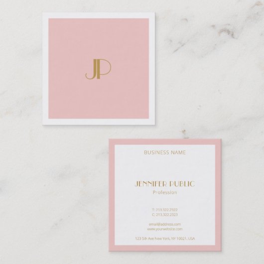 Moderne Blush Pink Elegant Gold Monogram Sjabloon Vierkante Visitekaartje (Voorkant / Achterkant)