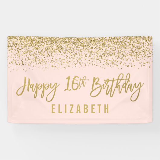 Moderne Blush Pink Faux Gold Glitter 16e verjaarda Spandoek (Horizontaal)