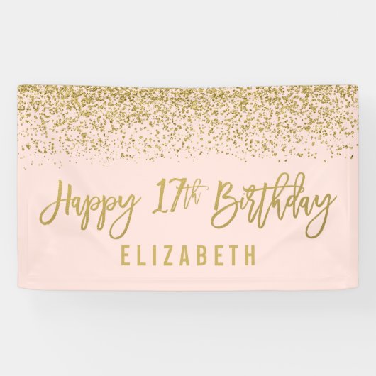 Moderne Blush Pink Faux Gold Glitter 17th Birthday Spandoek (Horizontaal)