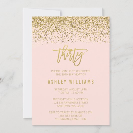 Moderne Blush Pink Faux Gold Glitter 30th Birthday Kaart (Voorkant)