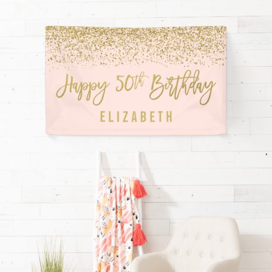 Moderne Blush Pink Faux Gold Glitter 50th Birthday Spandoek (Insitu)