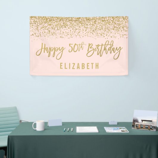 Moderne Blush Pink Faux Gold Glitter 50th Birthday Spandoek (Beurs)