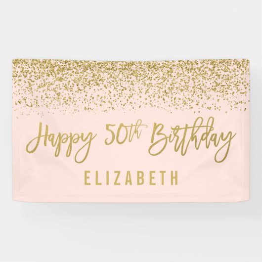 Moderne Blush Pink Faux Gold Glitter 50th Birthday Spandoek (Horizontaal)