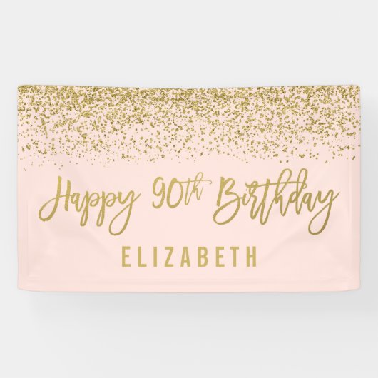 Moderne Blush Pink Faux Gold Glitter 90th Birthday Spandoek (Horizontaal)