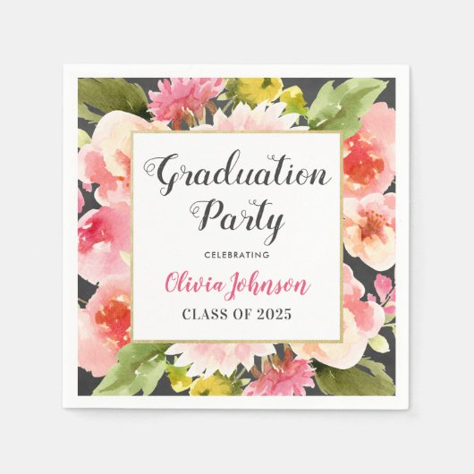 Moderne Blush Pink Floral Border Graduparty Servet (Voorkant)