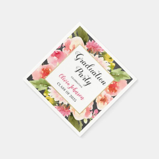 Moderne Blush Pink Floral Border Graduparty Servet (Hoek)