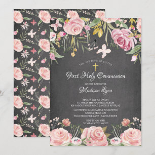 Moderne Blush Pink Floral First Heilige Communie Kaart