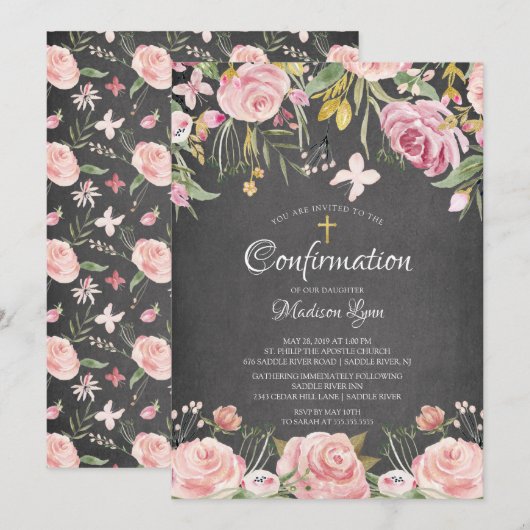 Moderne Blush Pink Floral & Gold Cross bevestiging Kaart (Voorkant / Achterkant)