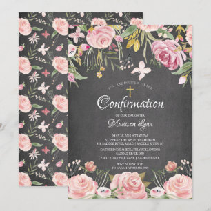Moderne Blush Pink Floral & Gold Cross bevestiging Kaart