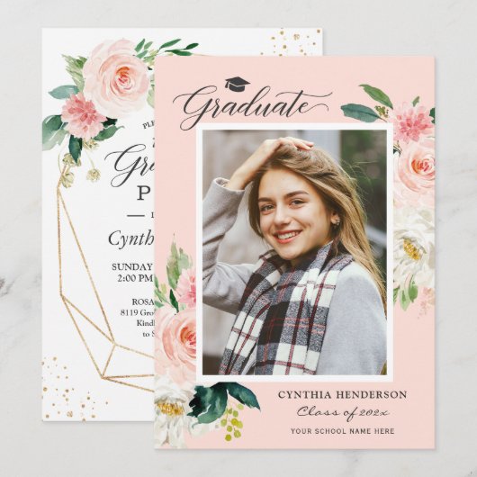 Moderne Blush Pink Floral Photo Graduparty Kaart (Voorkant / Achterkant)