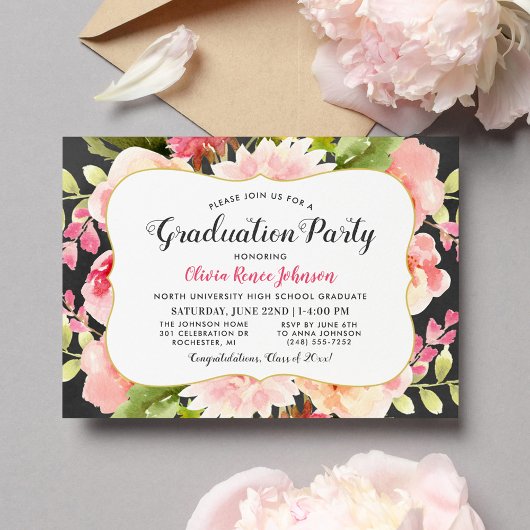 Moderne Blush Pink Floral Stripes Graduation Party Kaart