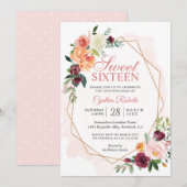 Moderne Blush Pink Floral Sweet 16 Birthday Party Kaart (Voorkant / Achterkant)