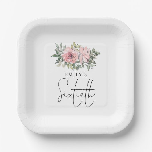 Moderne Blush Pink Florals 60e verjaardag Papieren Bordje (Voorkant)