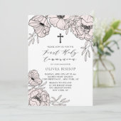 Moderne Blush Pink Flowers First Heilige Communie Kaart (Staand voorkant)