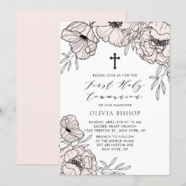 Moderne Blush Pink Flowers First Heilige Communie Kaart